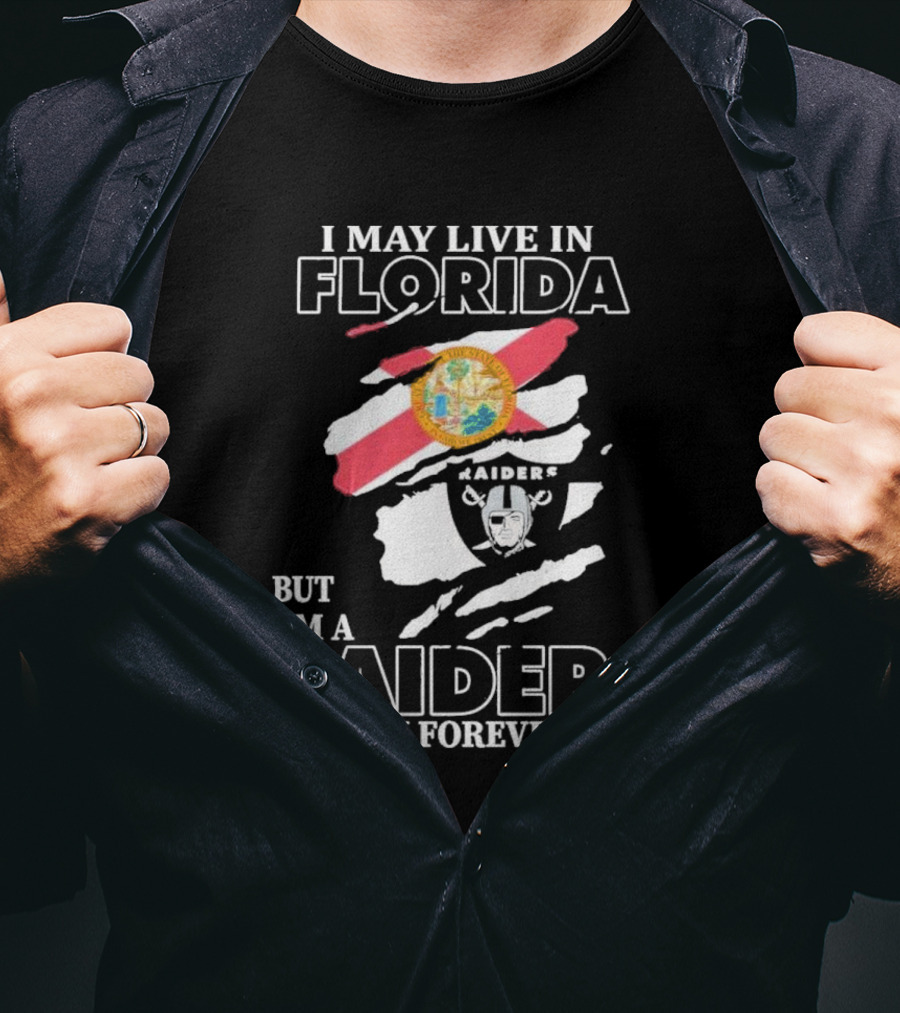 Las Vegas Raiders Fan Forever Living In Florida With Team Logo And State Flag T-Shirt