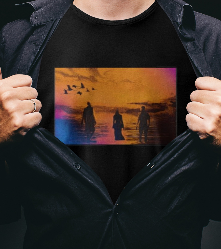 Sun Came Up Sofi Tukker Silhouettes Walking At Sunrise With Birds On Colorful Horizon T-Shirt