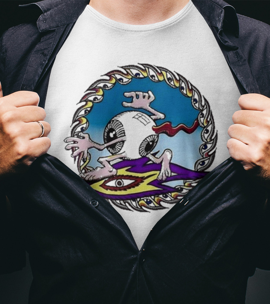 Spiral Eye Surfing Disc With Hands And Vibrant T-Shirt