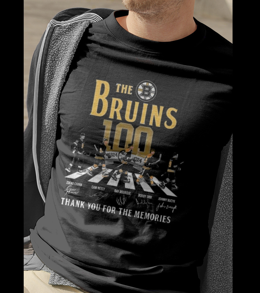 The Bruins 100 1924 Thank You For The Memories Zdeno Chara Cam Neely Ray Bourque Bobby Orr Johnny Bucyk Signatures T-Shirt