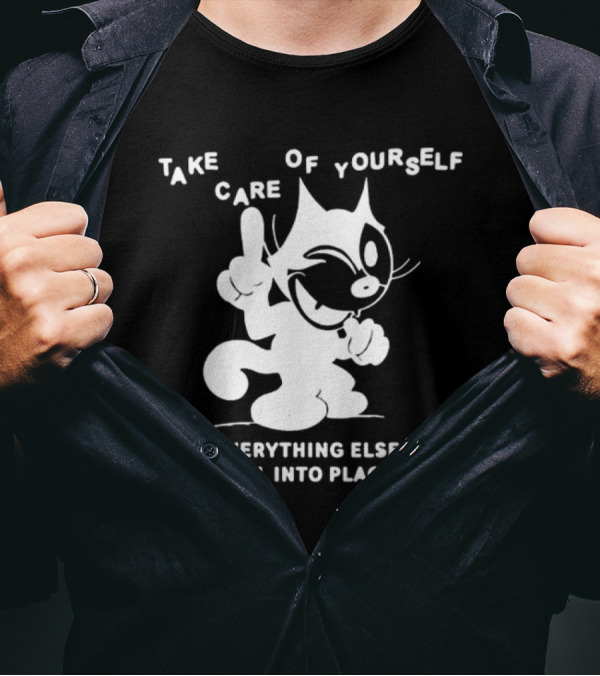 Take Care Of Yourself And Everything Else Will Fall Into Place Happy Winking Cartoon Cat T-Shirt