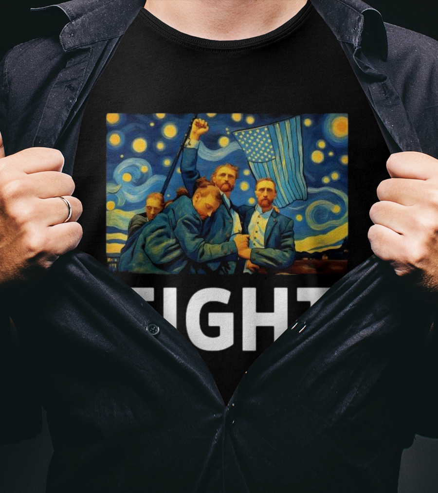 Fight Van Gogh Starry Night American Flag Fist Raised T-Shirt