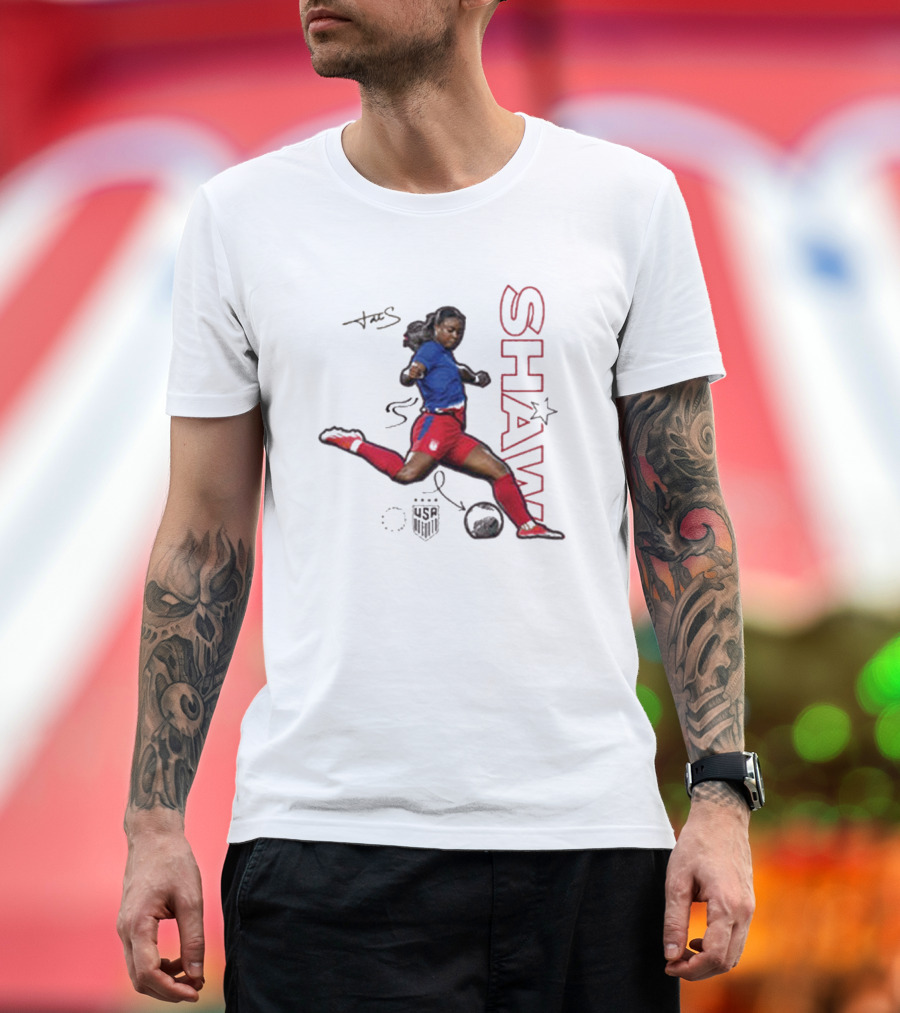 USWNT Jaedyn Shaw Signature Red and Blue Action Pose with Star T-Shirt