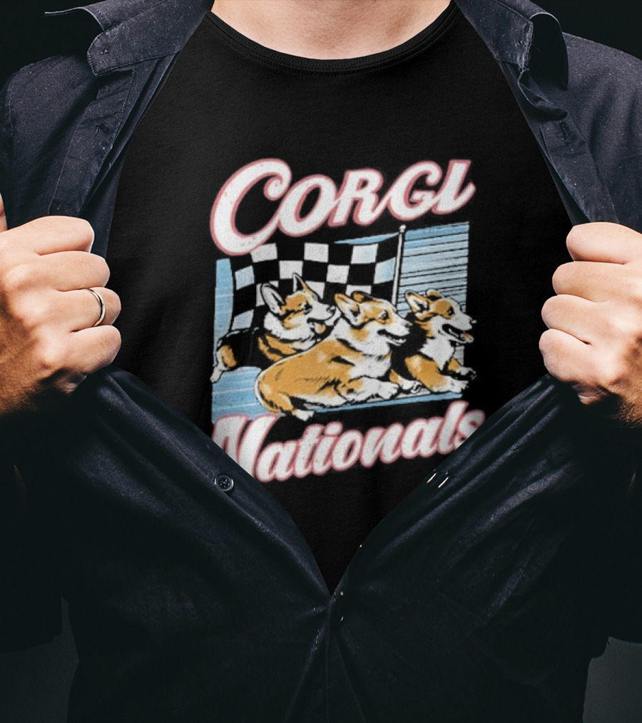 Corgi Nationals Racing Dogs With Checkered Flag T-Shirt