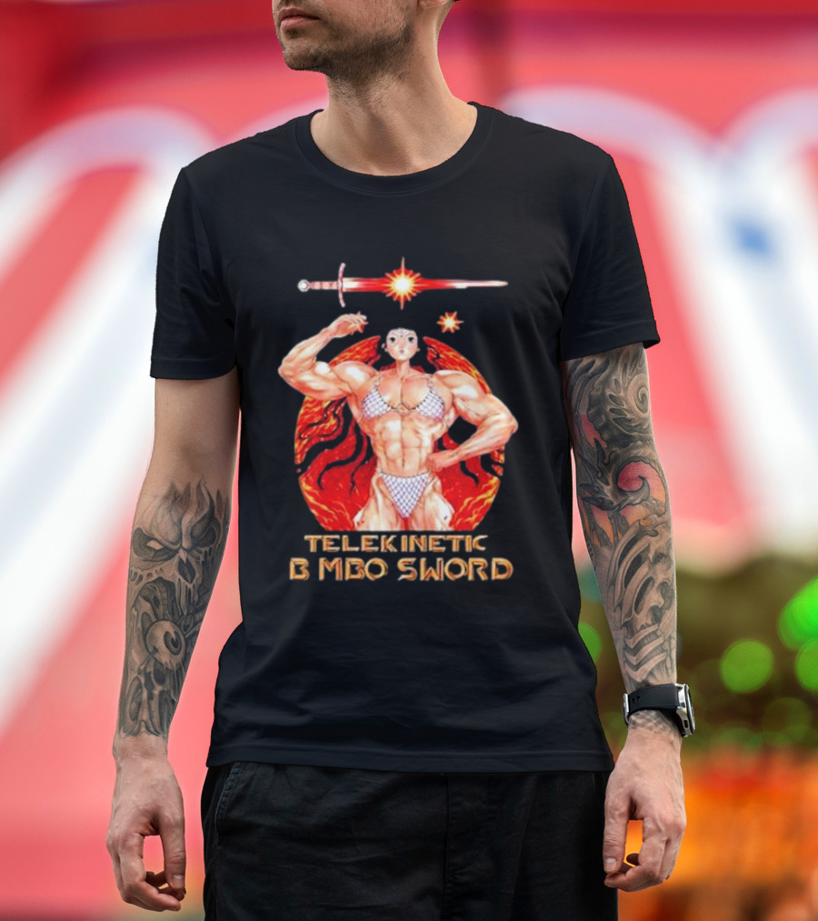 Reweki Telekinetic Bimbo Sword Muscle Warrior with Flaming Background T-Shirt