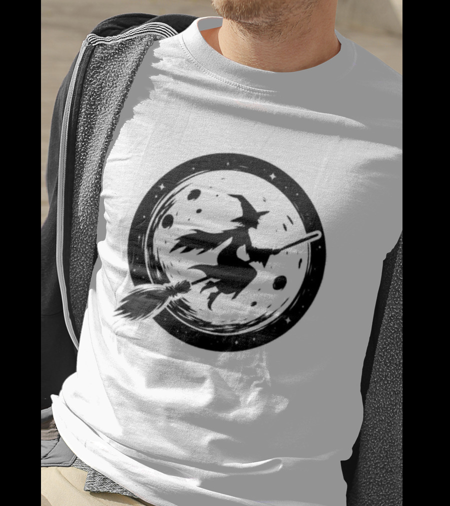 Spooky Halloween Witch Flying Across Full Moon Night T-Shirt