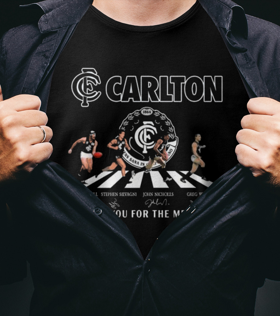 Carlton Blues AFL Thank You For The Memories Abbey Road Bruce Doull Stephen Silvagni John Nicholls Greg Williams Signatures T-Shirt