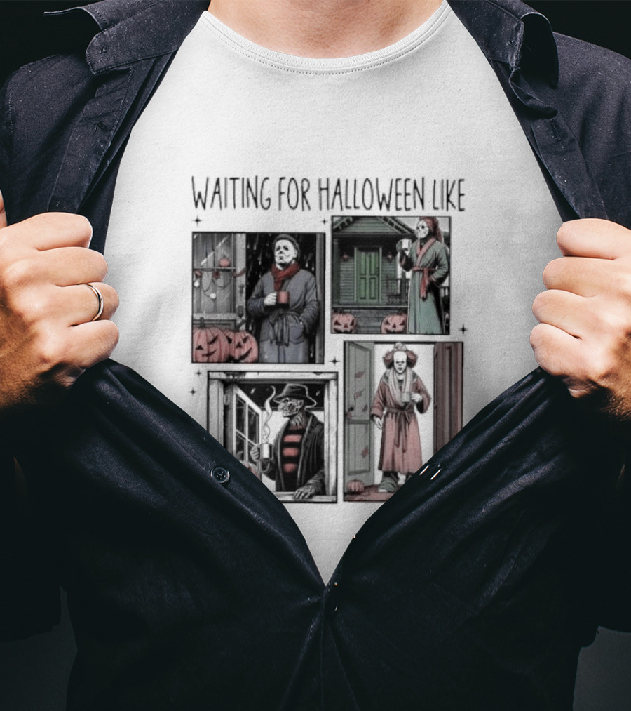 Waiting For Halloween Like Horror Movie Characters With Pumpkins And Costumes T-Shirt