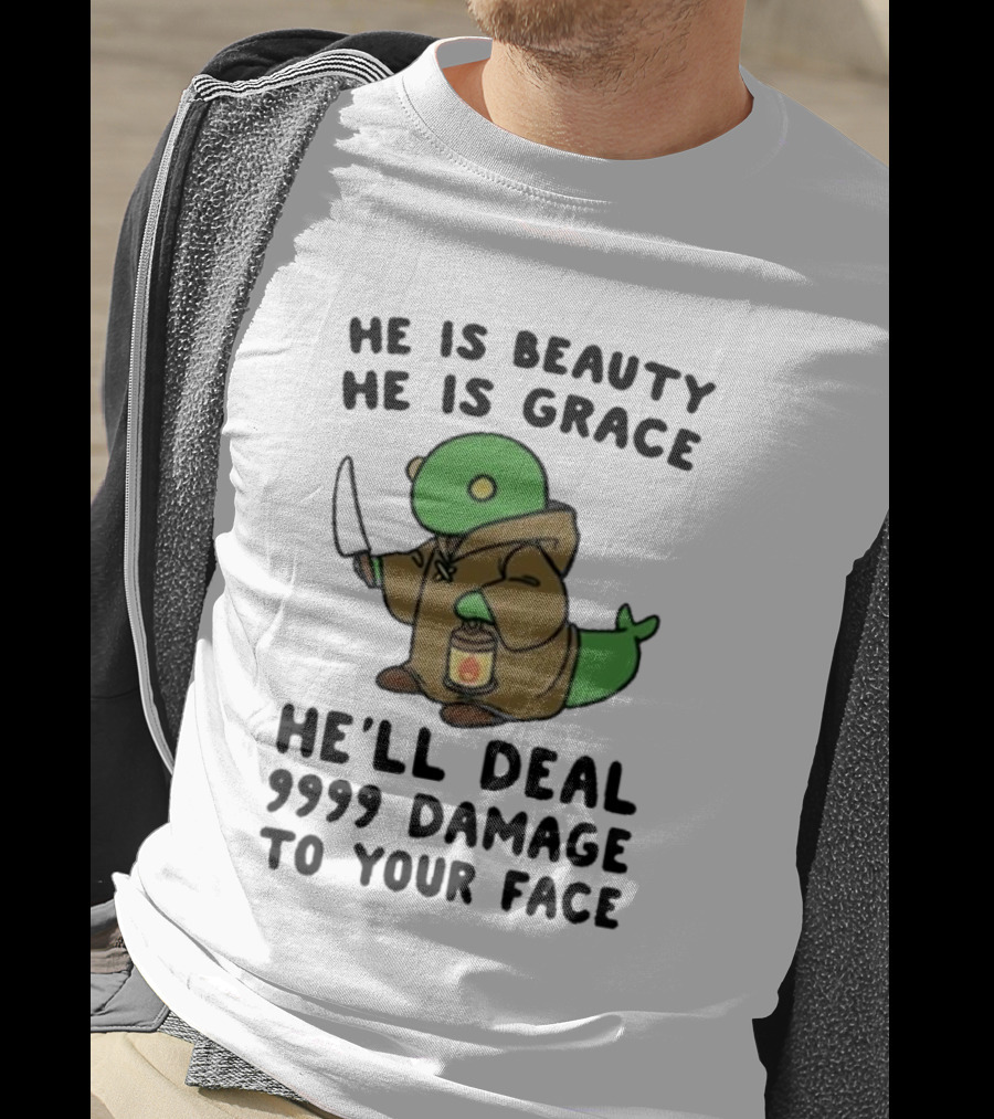 He Is Beauty He Is Grace He’ll Deal 9999 Damage To Your Face Lantern-Wielding Creature In Brown Robe With Knife T-Shirt