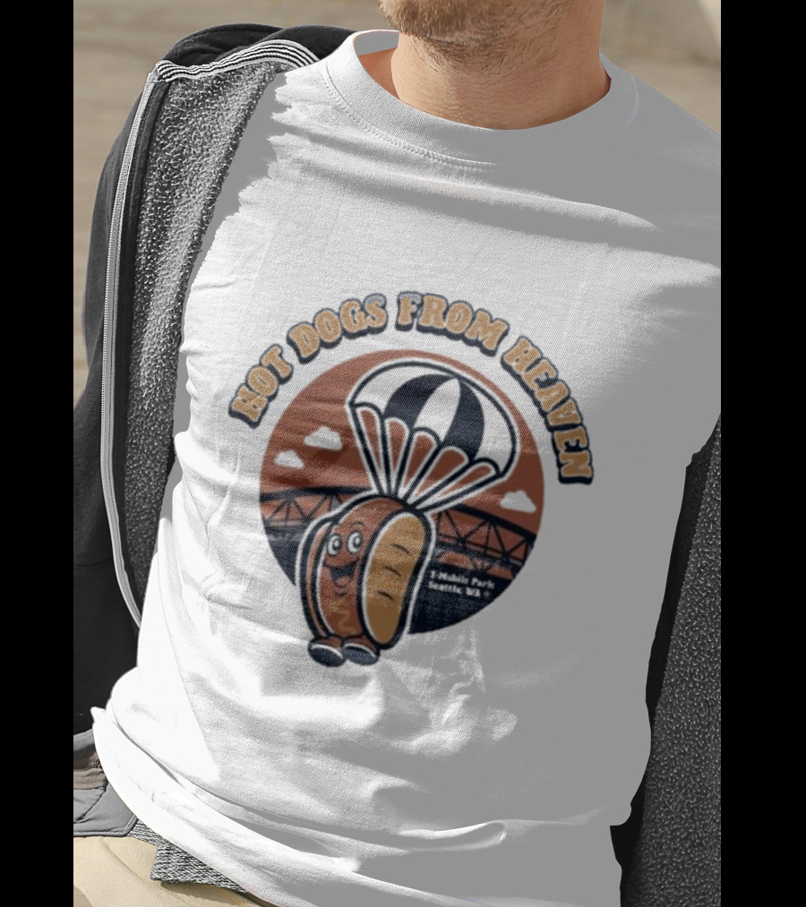 Hot Dogs From Heaven Parachuting Cartoon Bridge Scene T-Shirt