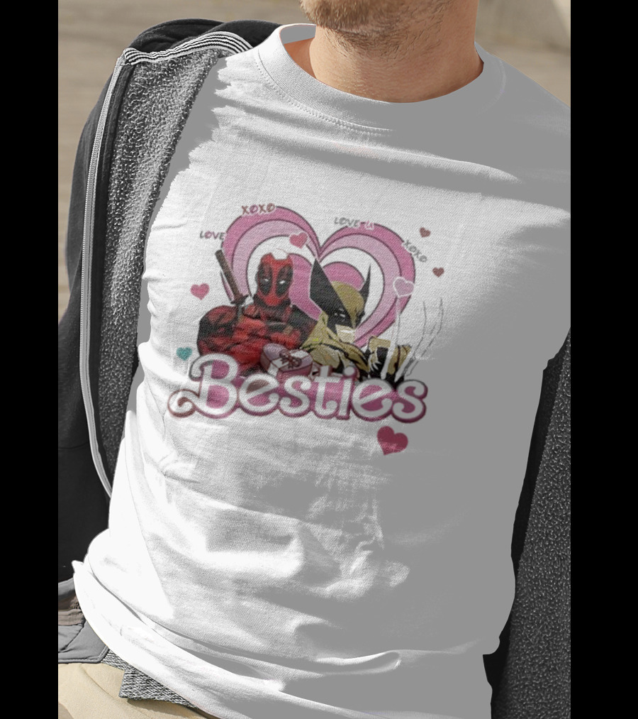 Deadpool Wolverine Love Hearts Besties Cute Friends T-Shirt