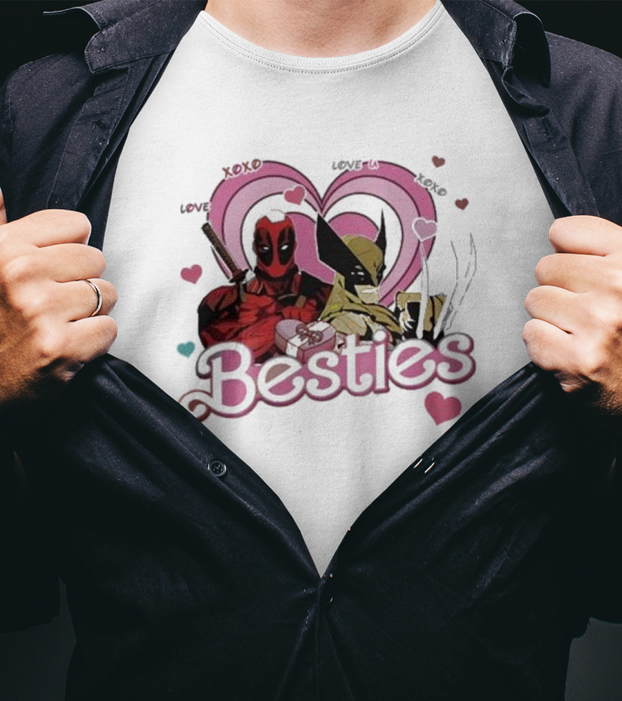 Deadpool Wolverine Love Hearts Besties Cute Friends T-Shirt