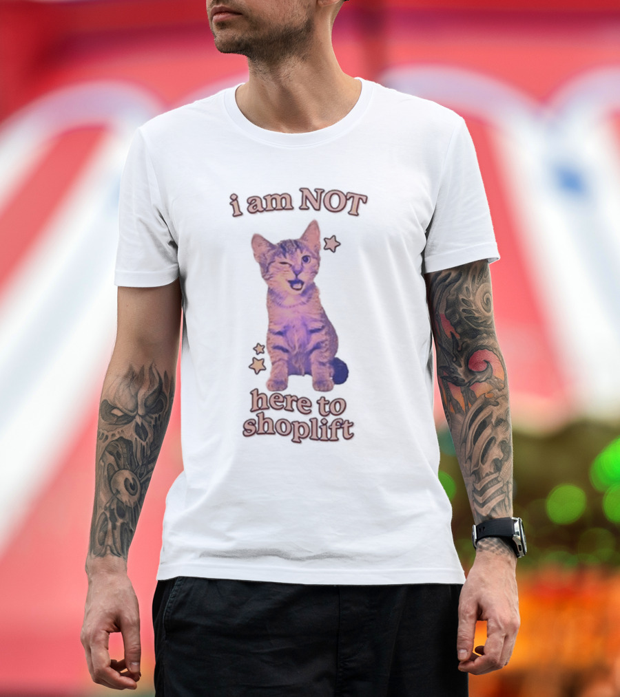 Gotfunny I Am Not Here To Shoplift Winking Cat With Stars T-Shirt