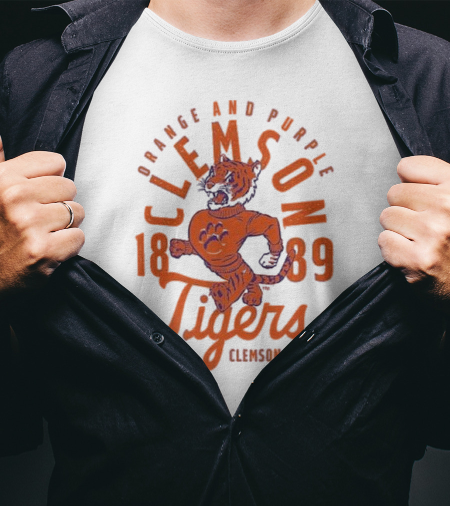 Clemson Tigers Orange And Purple Mascot Overlay 1889 Clemson SC T-Shirt