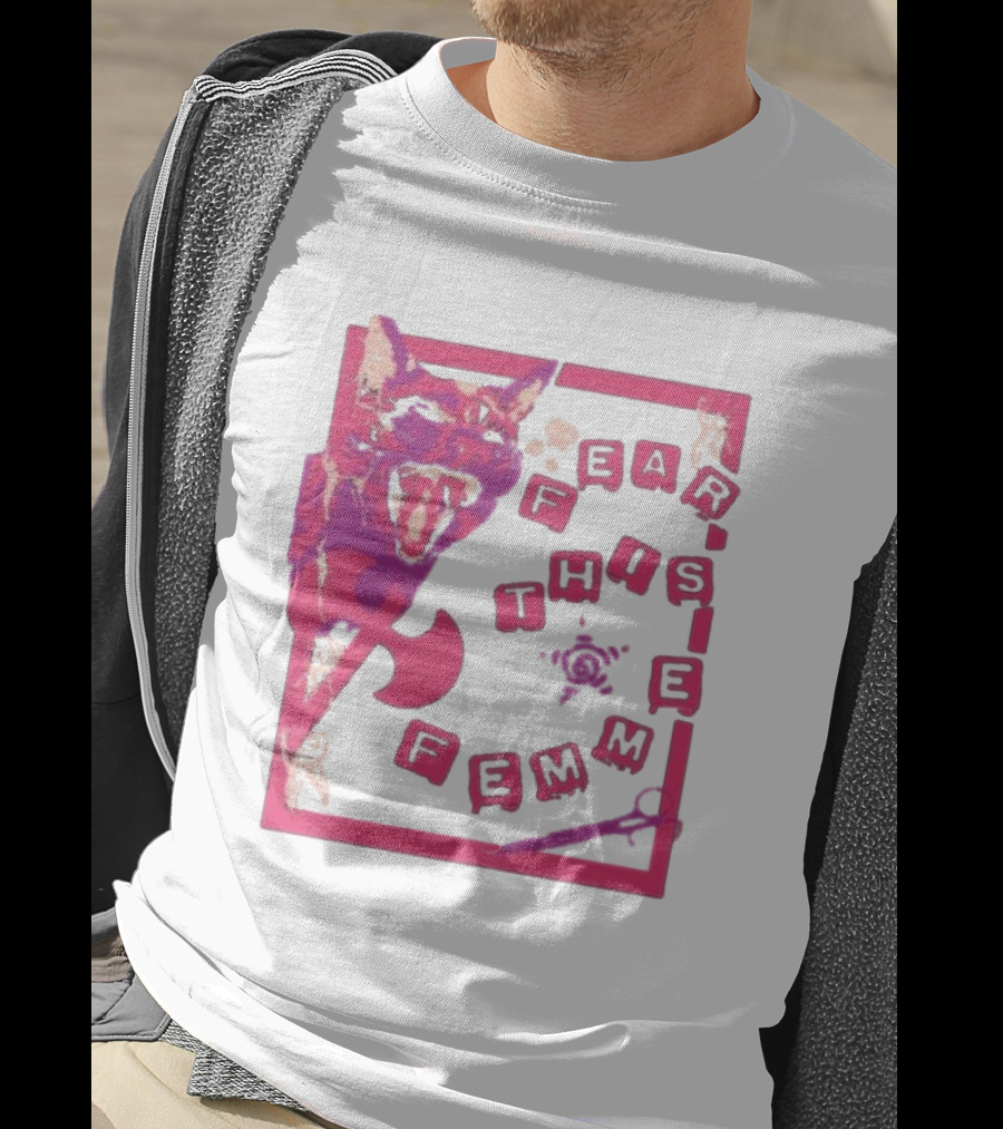 Fear This Femme Cat And Axe Retro Typography Pink Acid Wash T-Shirt