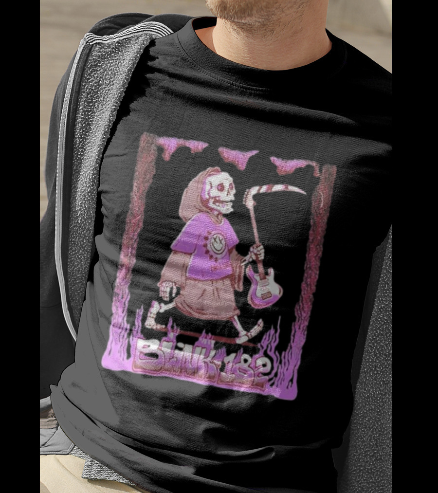 Blink-182 Grim Reaper Skeleton With Guitar Flame Border T-Shirt