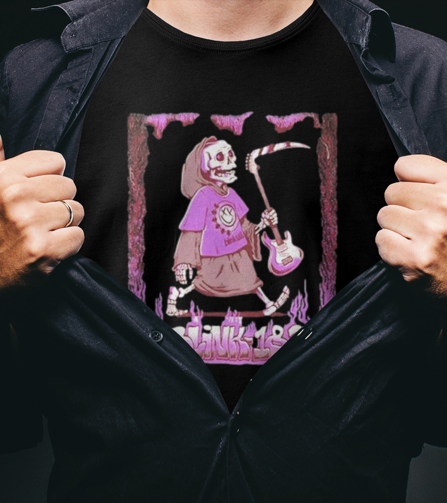 Blink-182 Grim Reaper Skeleton With Guitar Flame Border T-Shirt