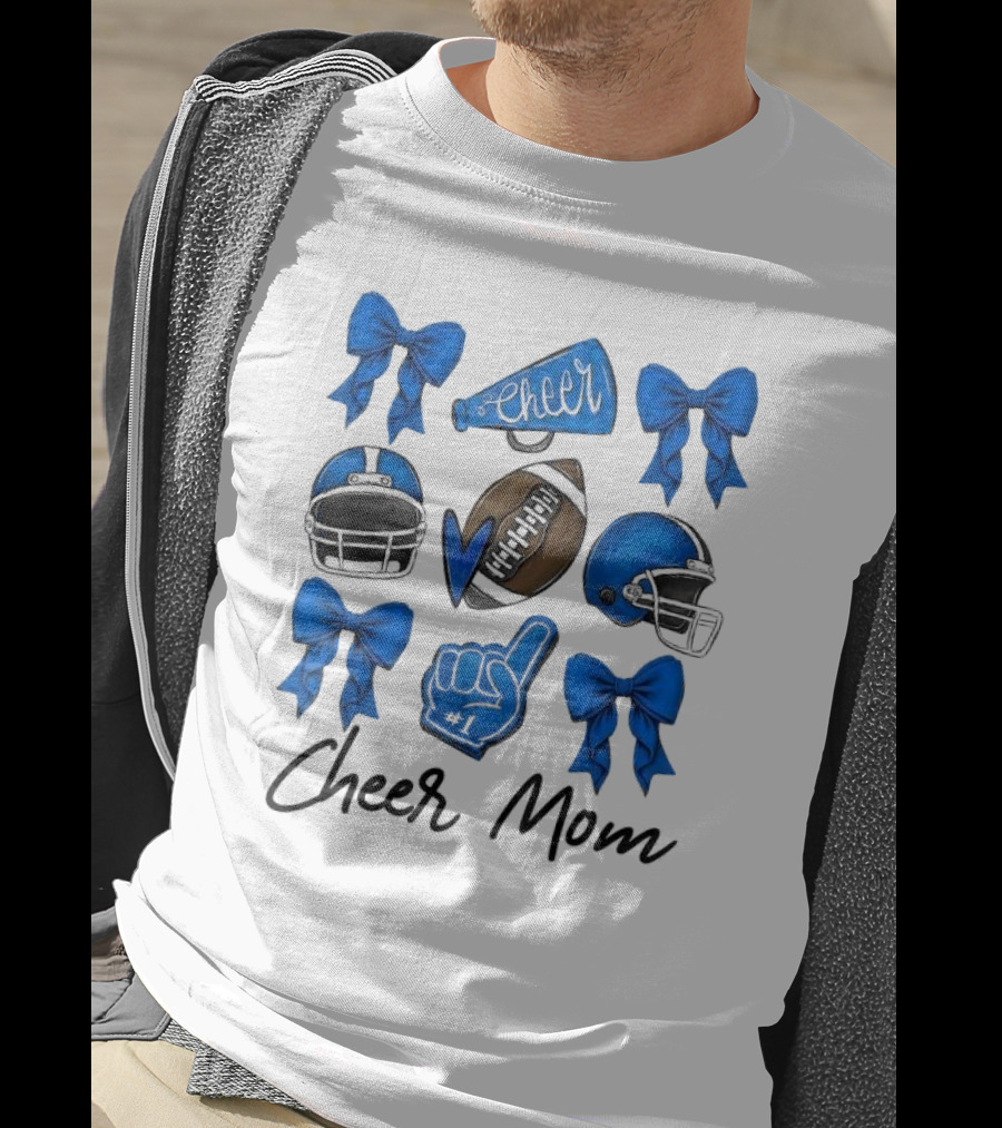 Cheer Mom Era Pom Cheer Leopard Football Coquette Bow Blue T-Shirt