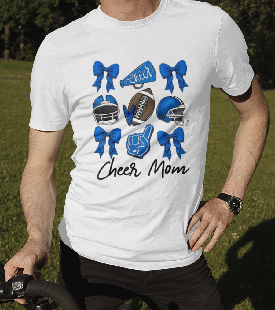 Cheer Mom Era Pom Cheer Leopard Football Coquette Bow Blue T-Shirt