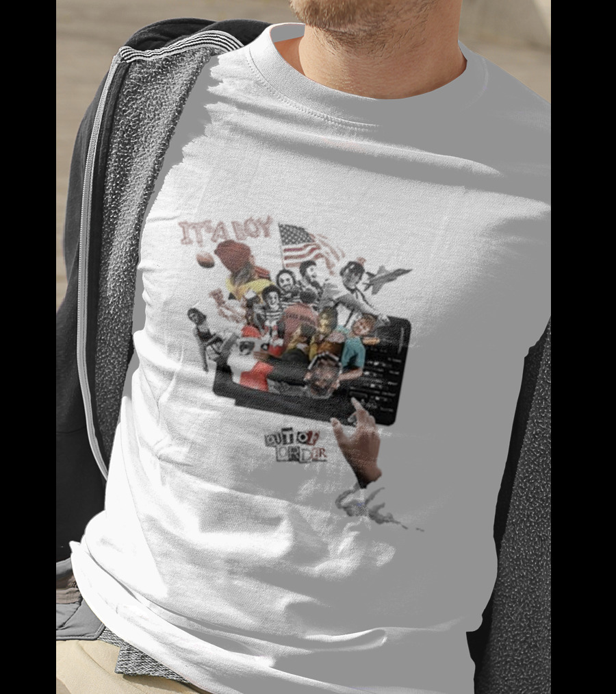 IT’S A BOY OUT OF ORDER Collage American Flag Football Icons T-Shirt