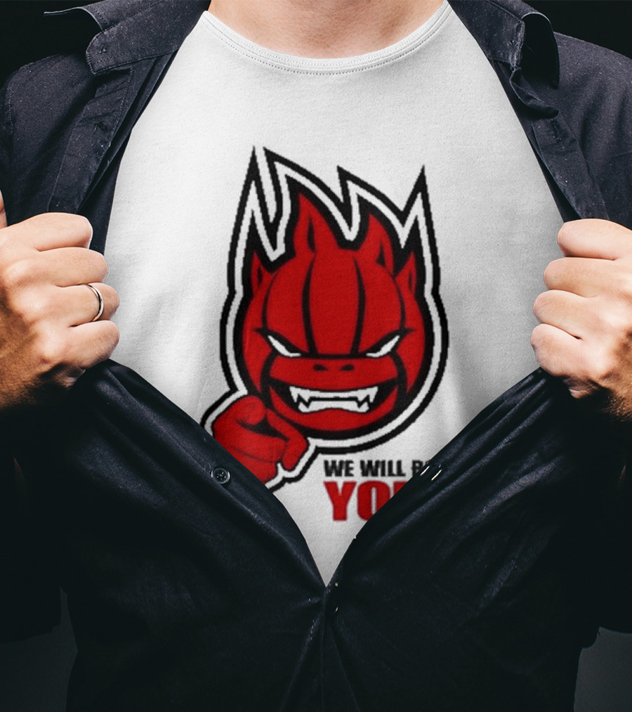 Sir Safety Perugia We Will Rock You Red Flame Character With Pointing Finger T-Shirt