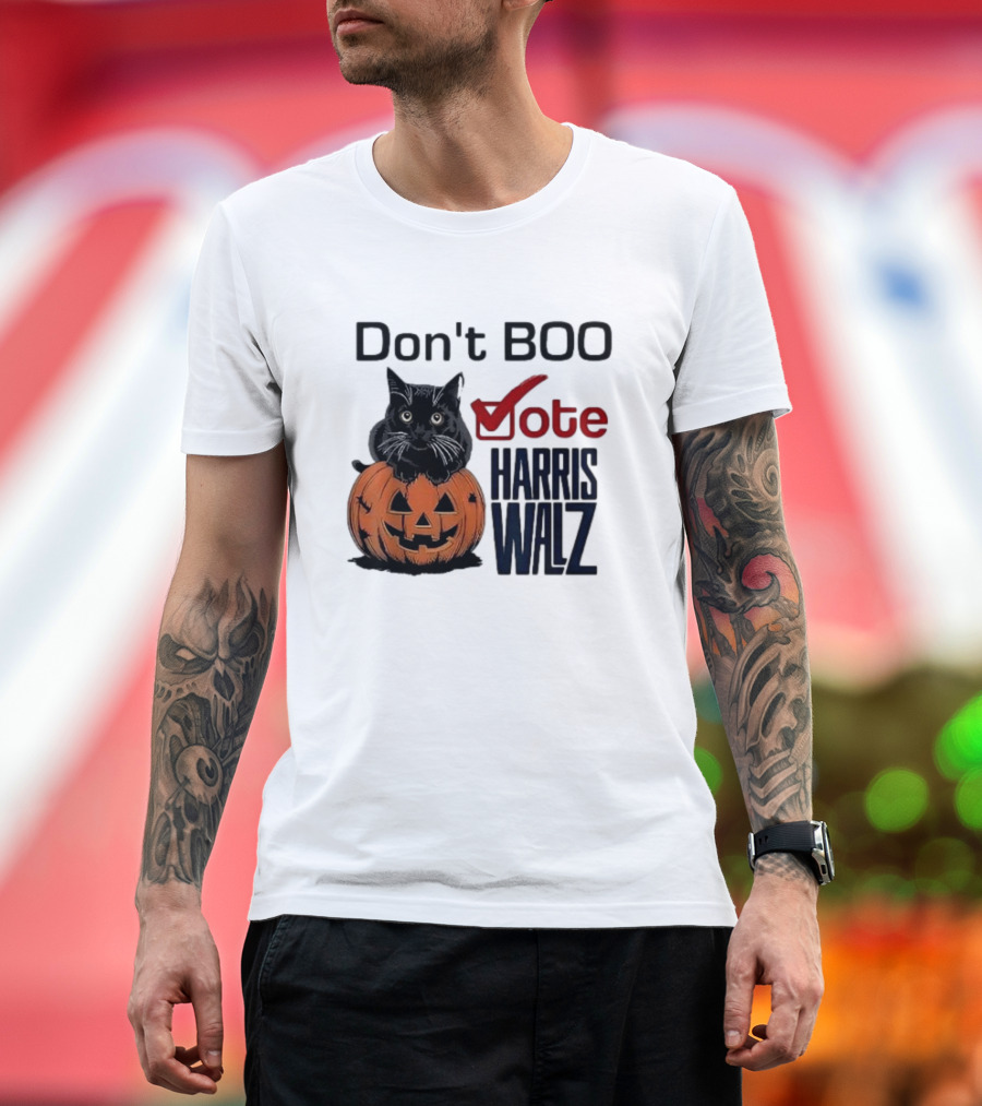 Don't Boo Vote Harris Walz Halloween 2024 Black Cat Pumpkin T-Shirt