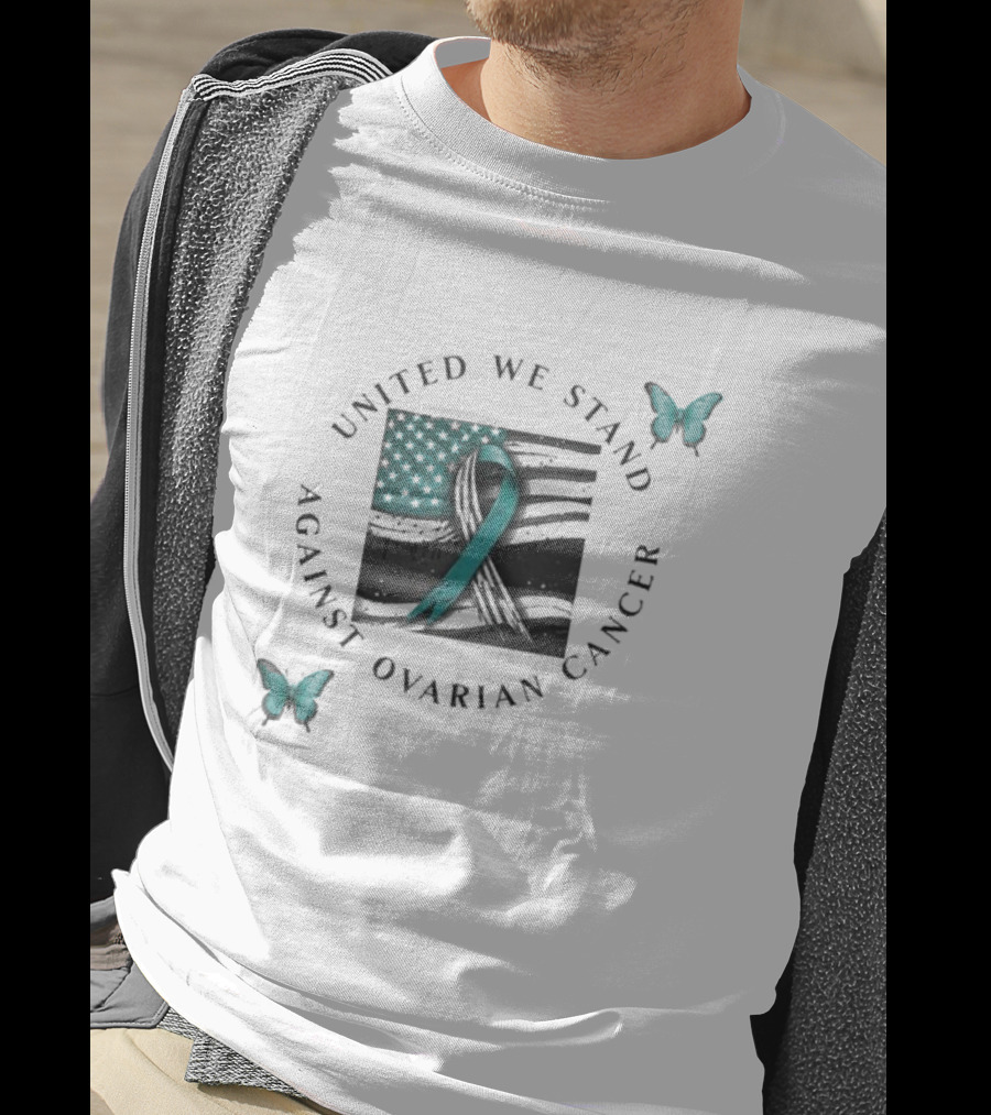 United We Stand Against Ovarian Cancer Ribbon American Flag Butterfly T-Shirt