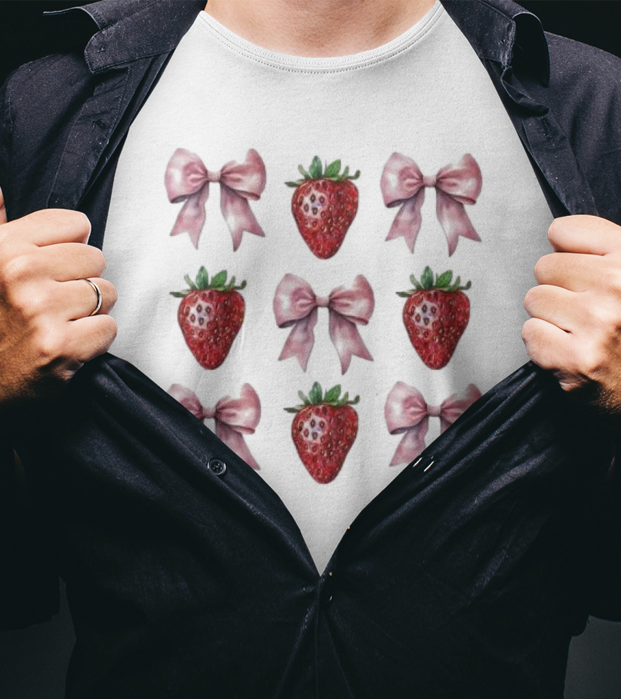 Women’s Summer Strawberries With Pink Bows Coquette T-Shirt