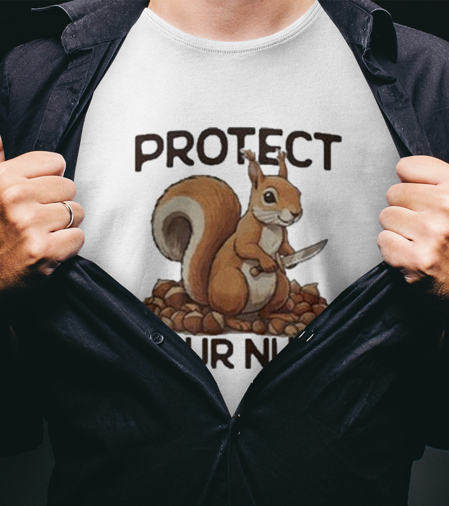 Protect Your Nuts Squirrel Holding Knife Surrounded By Nuts T-Shirt