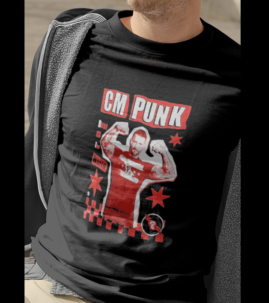 CM Punk Best In The World Star Power Flex Pose Red Stars Checker T-Shirt