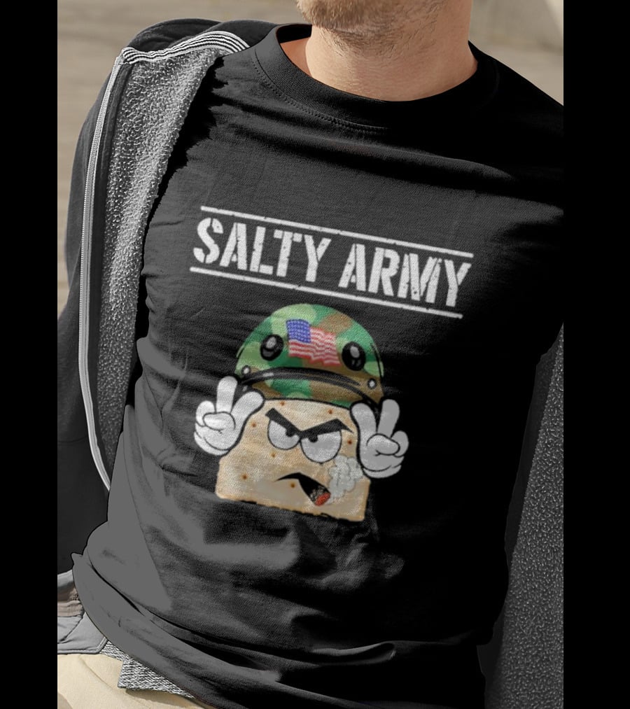 Salty Army Cracker With Camouflage Helmet Smoking Cigarette T-Shirt