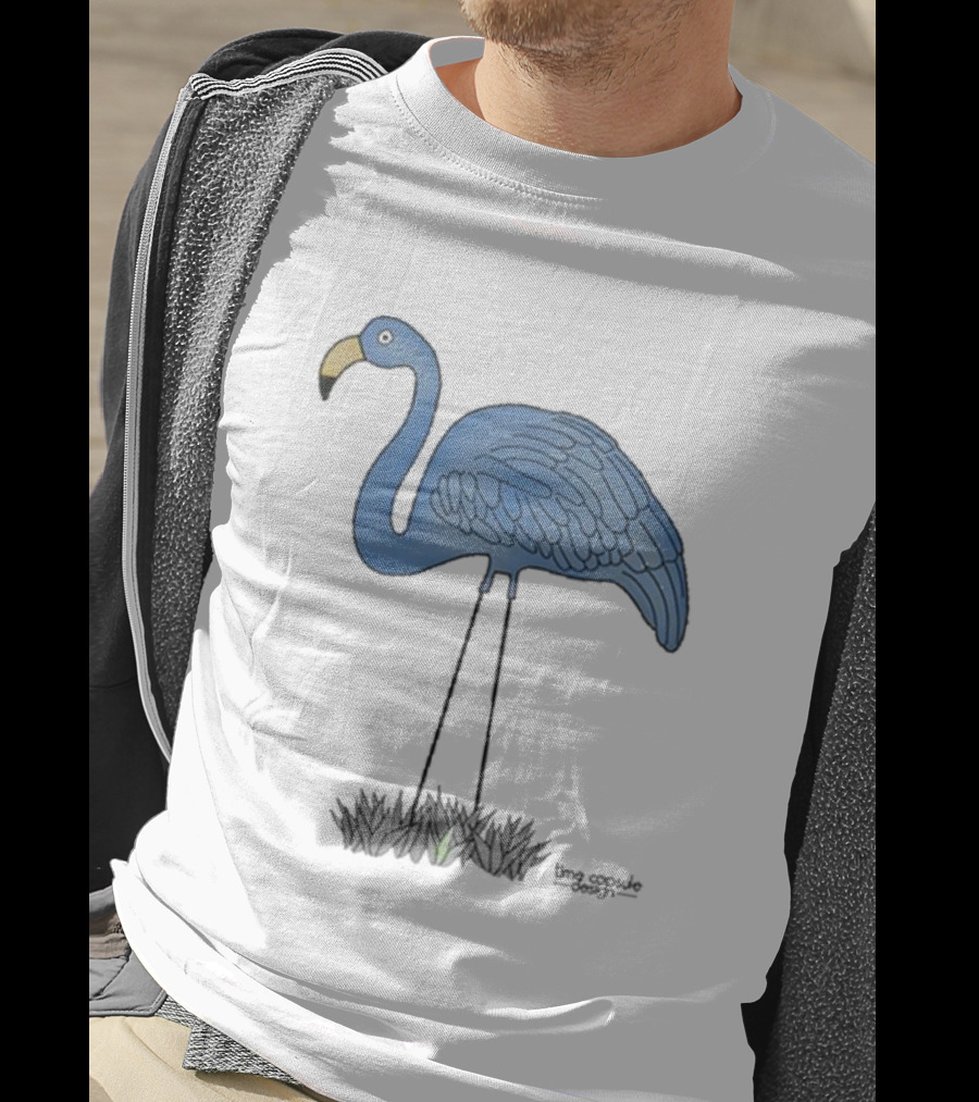 Time Capsule Design Blue Flamingo On Black Grass Background T-Shirt
