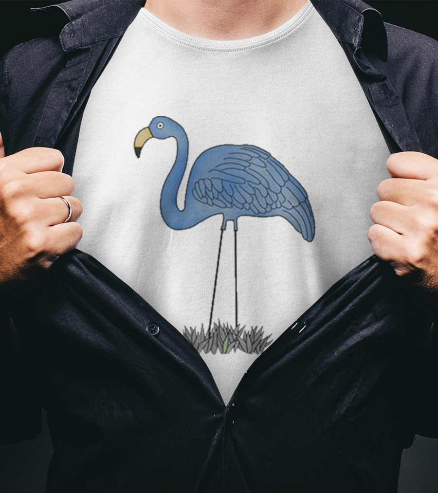 Time Capsule Design Blue Flamingo On Black Grass Background T-Shirt