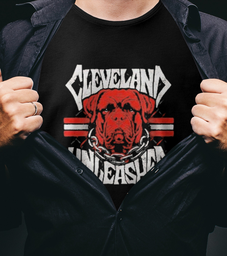 Cleveland Unleashed Dog With Chains And Stripes T-Shirt