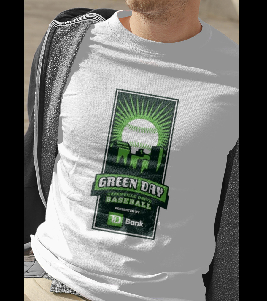 Green Day Greenville Drive Baseball Presented By TD Bank Skyline Baseball Sunburst T-Shirt