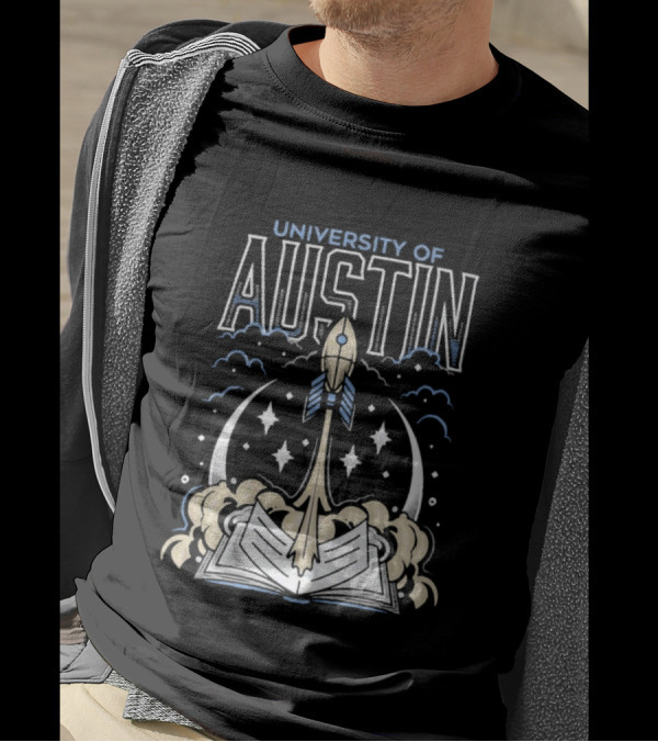 University Of Austin Rocket Book Imagery With Stars And Clouds T-Shirt