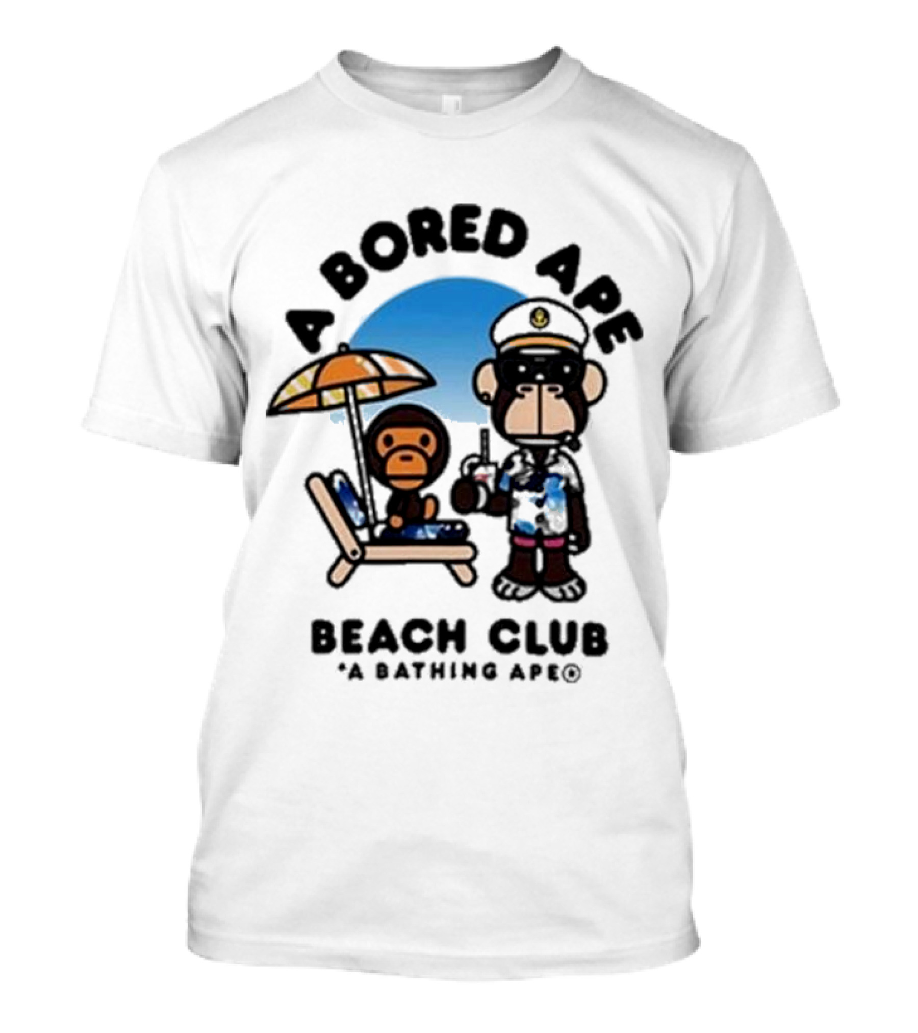 A Bored Ape Beach Club A Bathing Ape Officer And Relaxing Ape Scene T-Shirt