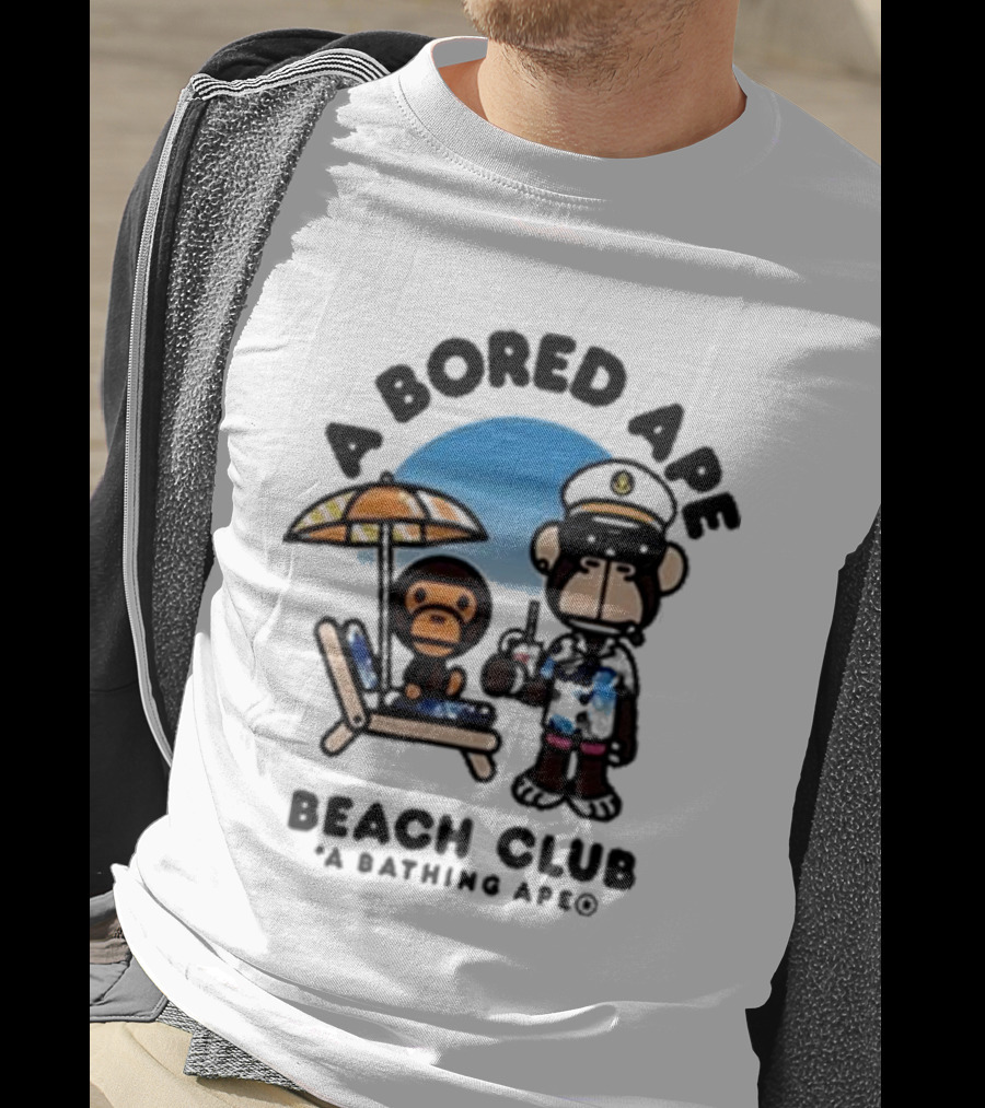 A Bored Ape Beach Club A Bathing Ape Officer And Relaxing Ape Scene T-Shirt
