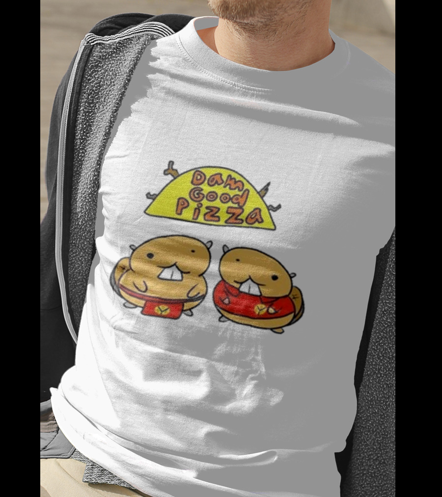 Dam Good Pizza Beaver Characters Duo In Red With Iconic Yellow Cheese Slice T-Shirt