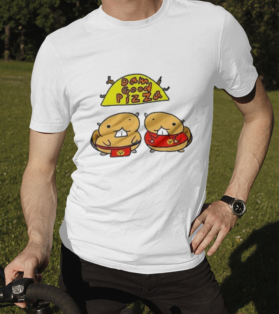 Dam Good Pizza Beaver Characters Duo In Red With Iconic Yellow Cheese Slice T-Shirt
