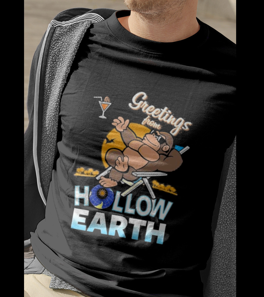 Greetings From Hollow Earth Giant Monster Relaxing With Tropical Cocktail T-Shirt