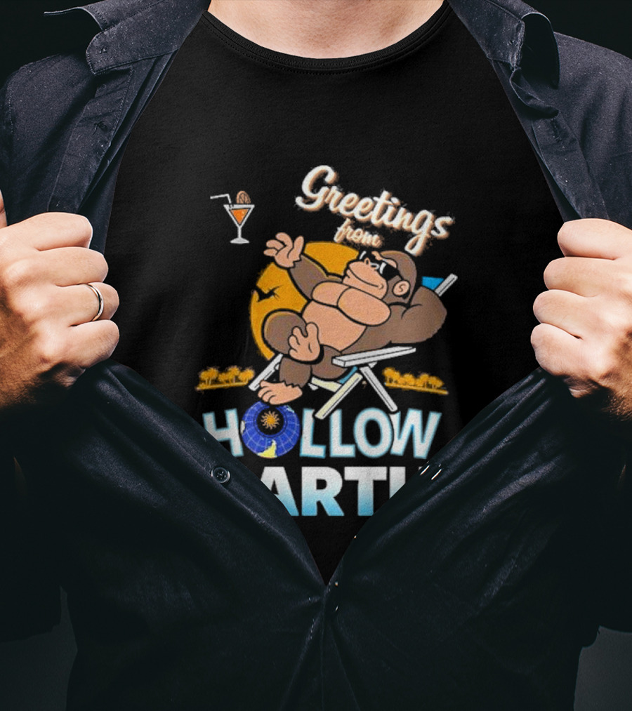 Greetings From Hollow Earth Giant Monster Relaxing With Tropical Cocktail T-Shirt