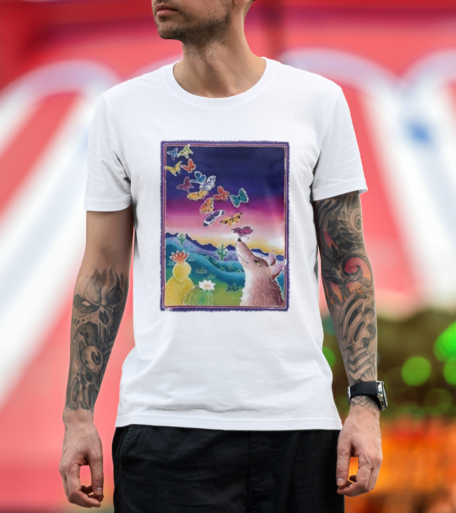 Jimmorris Nature’s Wonders Desert Coyote and Colorful Butterflies T-Shirt