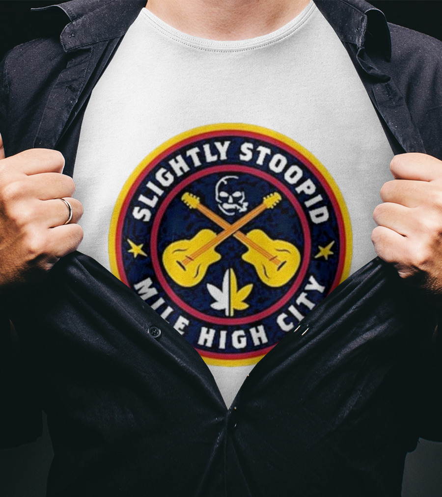 Slightly Stoopid Mile High City Crossed Guitars Skull Leaf Badge T-Shirt