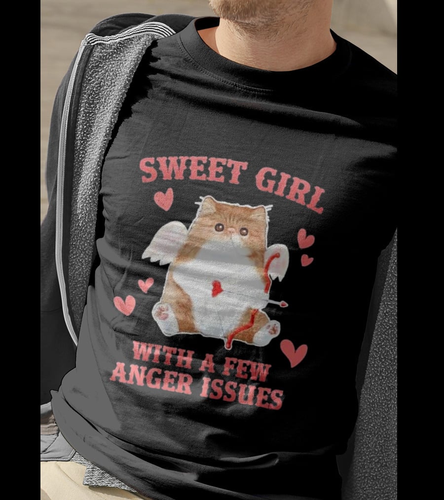 Sweet Girl With A Few Anger Issues Cat With Bow And Arrow Vintage Hearts T-Shirt