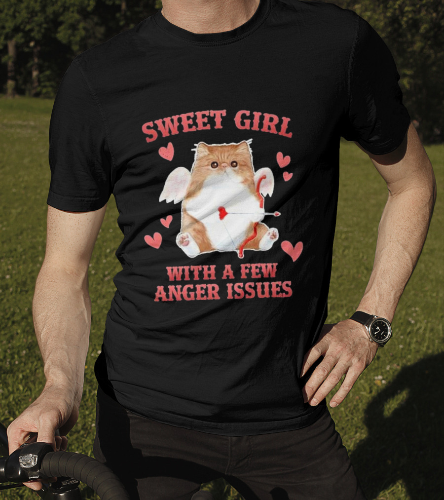 Sweet Girl With A Few Anger Issues Cat With Bow And Arrow Vintage Hearts T-Shirt