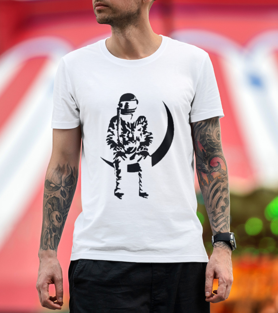 To The Stars Moon Man Astronaut Sitting on Crescent Ocean Blue T-Shirt