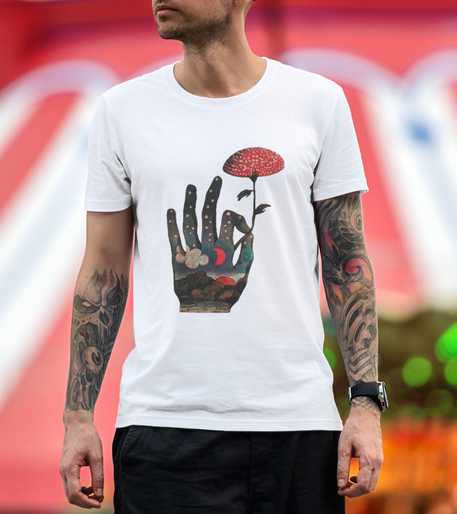 Fly Agaric Psychedelic Hand with Night Sky and Moon T-Shirt
