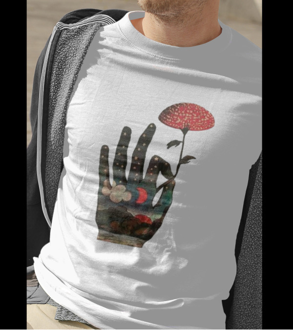 Fly Agaric Psychedelic Hand With Night Sky And Moon T-Shirt