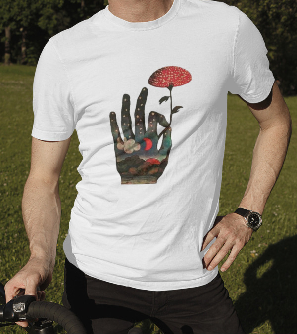 Fly Agaric Psychedelic Hand With Night Sky And Moon T-Shirt